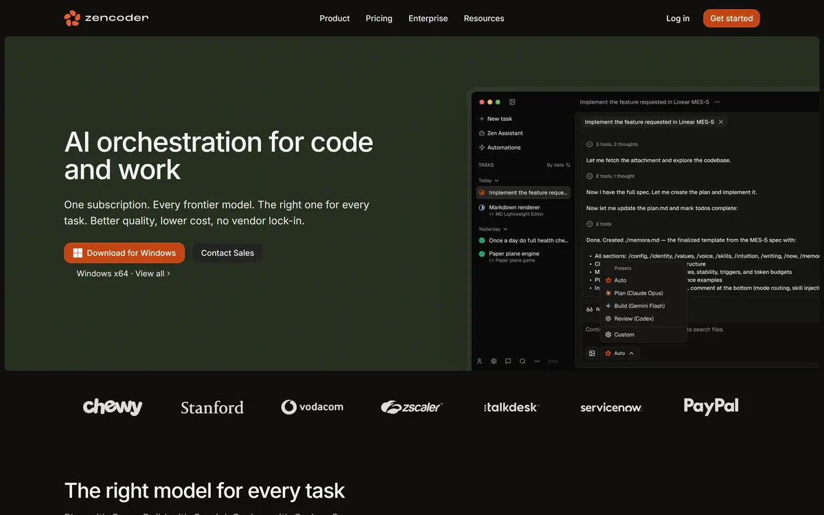 Zencoder homepage showing AI orchestration for code with multi-model agents and IDE integrations