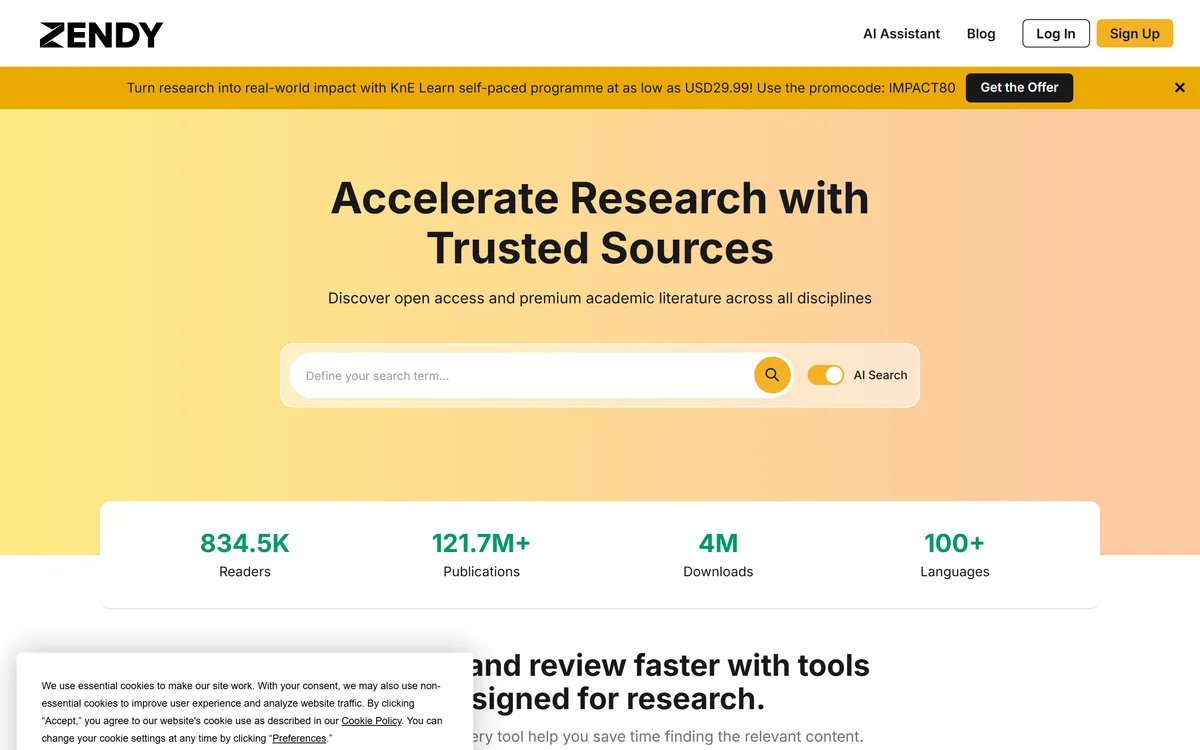 The Zendy homepage describing an AI-powered research library with trusted sources