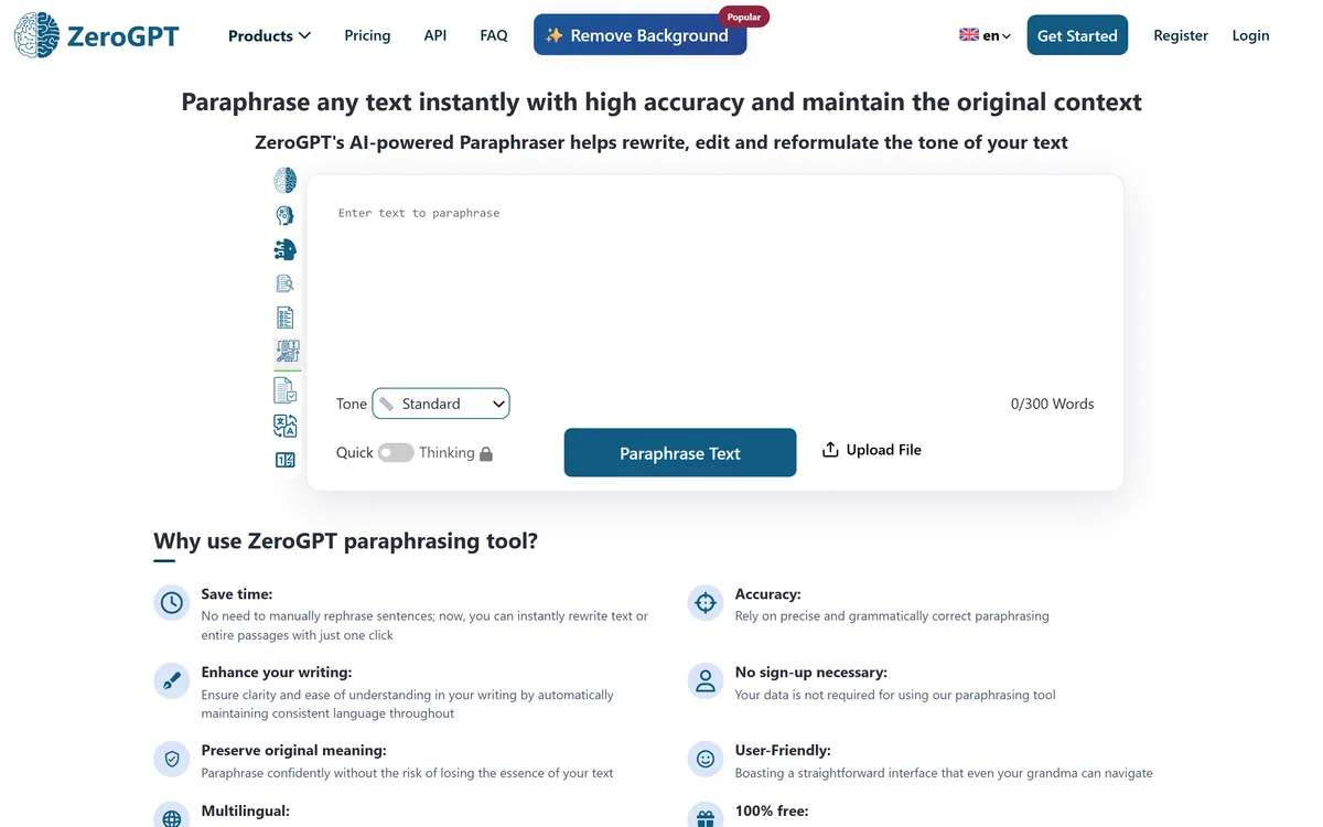 ZeroGPT Paraphraser screenshot