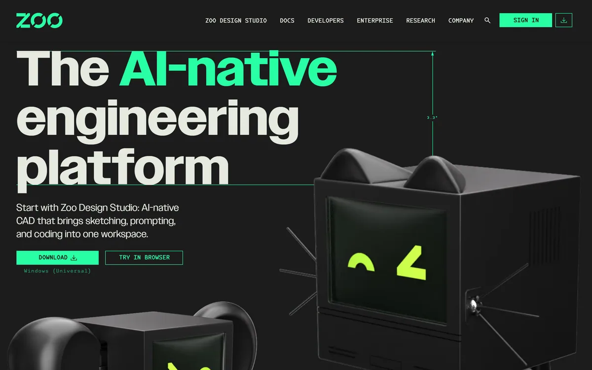 The Zoo homepage describing an AI-native engineering platform for CAD