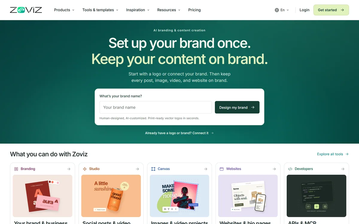 The Zoviz homepage showing AI branding with a prompt to design a brand from a name